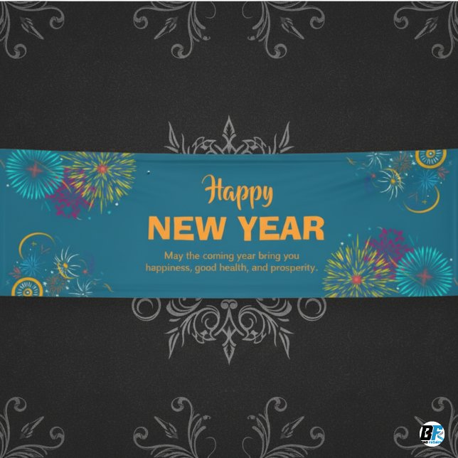 Happy New Year Fireworks Teal Horizontal Banner (Creator Uploaded)