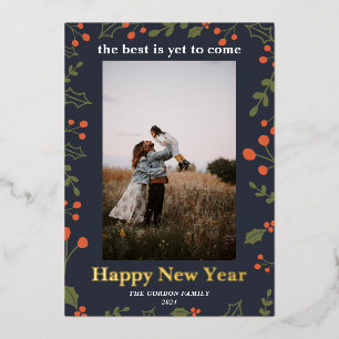 Happy New Year Foil 1 Photo Foliage Botanical Holiday Card