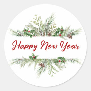 Happy New Year Framed Winter Wheath Greeting Classic Round Sticker