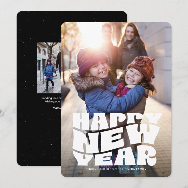Happy New Year funky fun retro family photo Holiday Card (Front/Back)