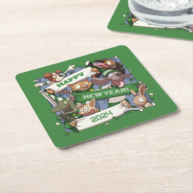 Happy New Year Funny Animal Fans Scarf Cartoon Square Paper Coaster (Angled)