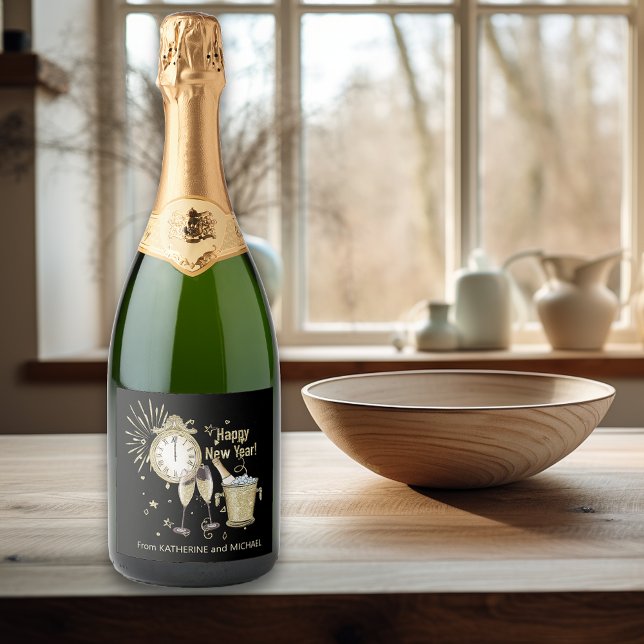 Happy New Year Gift Custom Gold Glitter  Sparkling Wine Label (Creator Uploaded)