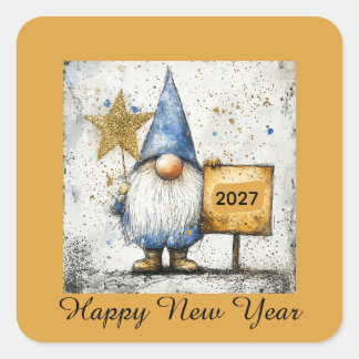 Happy New Year Gnome, 2027, Square Sticker
