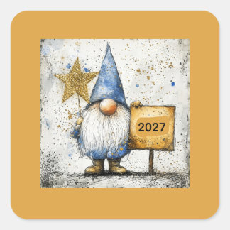 Happy New Year Gnome, 2027, Square Sticker