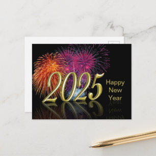 Happy New Year Gold 2025 Fireworks Holiday Postcard