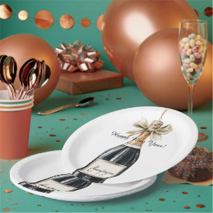 Happy New Year Gold Black Champagne Bottle Paper Plate