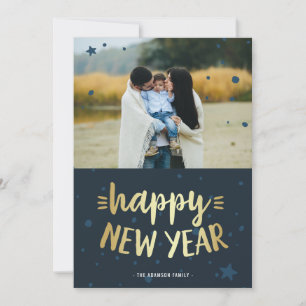 Happy New Year Gold & Blue New Year Photo Holiday Card