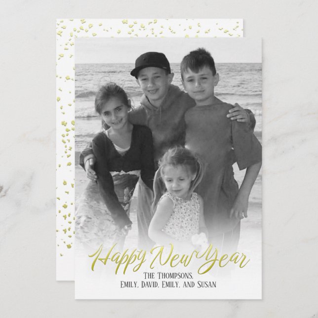 Happy New Year Gold Calligraphy Script 1 Photo Holiday Card (Front/Back)
