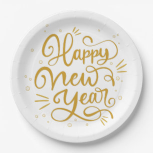 Happy New Year Gold Calligraphy Script Paper Plate