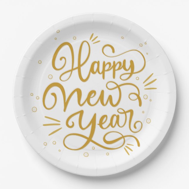 Happy New Year Gold Calligraphy Script Paper Plate (Front)