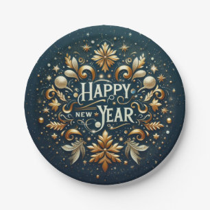 Happy New Year Gold Flourish Festive  Paper Plate