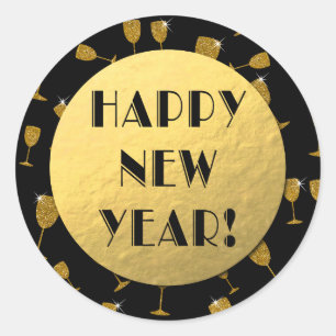 Happy New Year! Gold Foil and Black Round Sticker