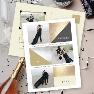 Happy New Year Gold Foil Blocks Stylish 3 Photo Holiday Postcard