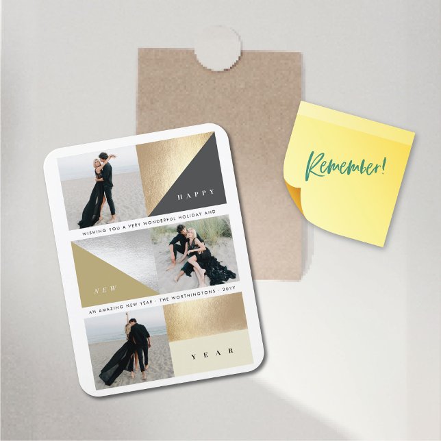 Happy New Year Gold Foil Blocks Stylish 3 Photo Magnet (Happy New Year Faux Gold / Silver Foil Simple Blocks Stylish 3 Photo Flexible Magnet @ fat_fa_tin)