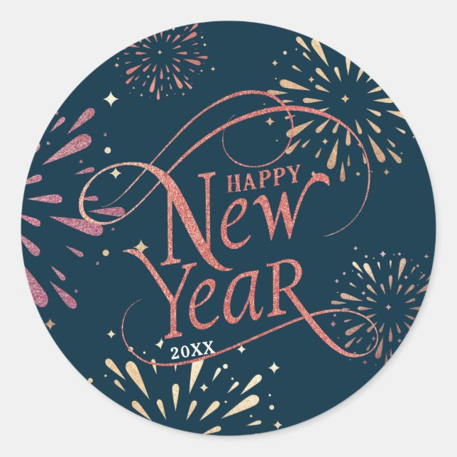 Happy New Year Gold Foil Script Classic Round Sticker (Front)