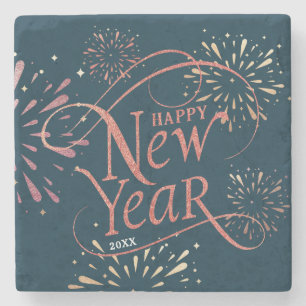 Happy New Year Gold Foil Script Stone Coaster