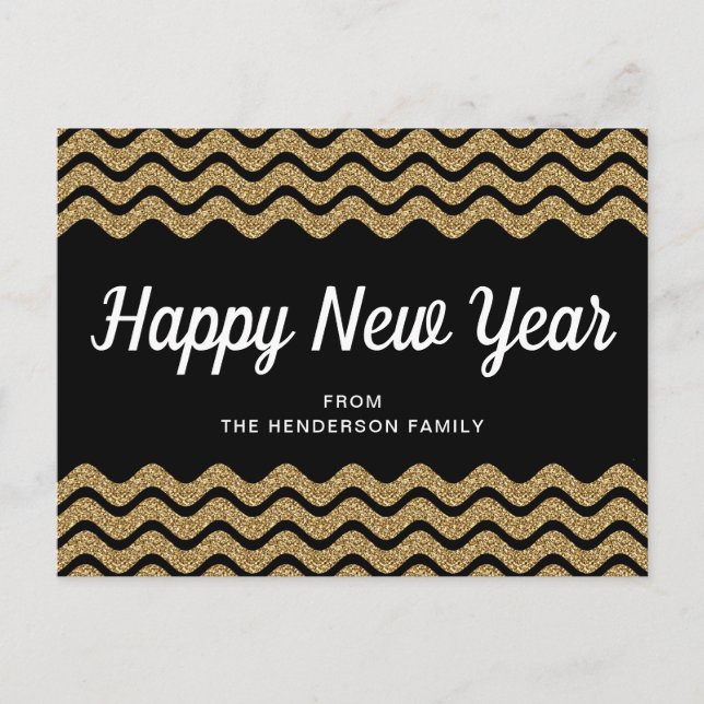 Happy New Year Gold Glitter Black Chevron Stripes Postcard (Front)