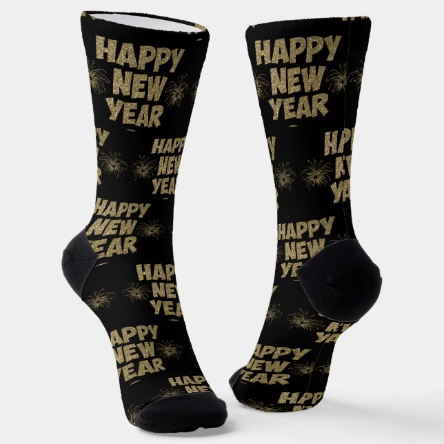 Happy New Year Gold Glitter on Black  Socks (Angled)
