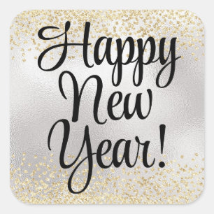 Happy New Year Gold Glitter on Metallic Silver Square Sticker