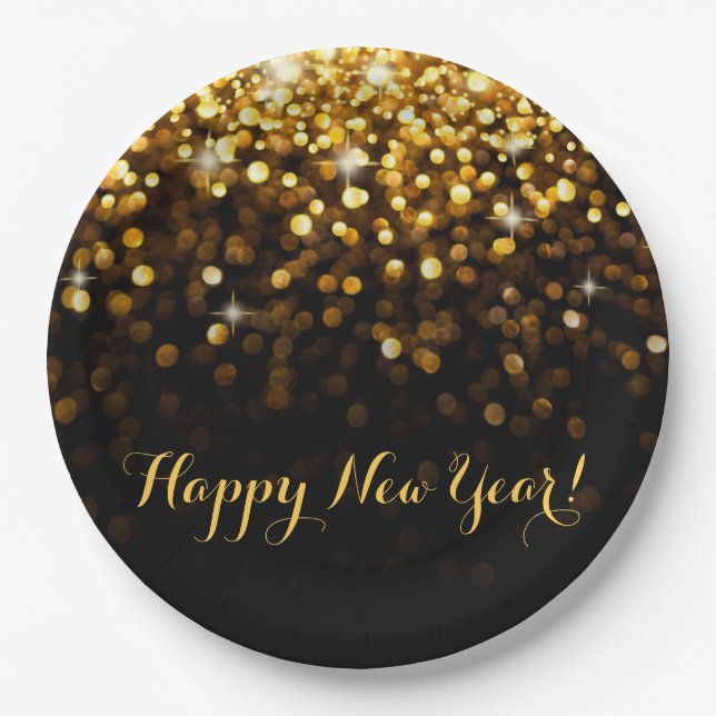 Happy New Year Gold Glitter Sparkles New Years Eve Paper Plate (Front)