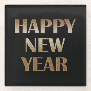Happy New Year Gold Metallic Text Image Glass Coaster