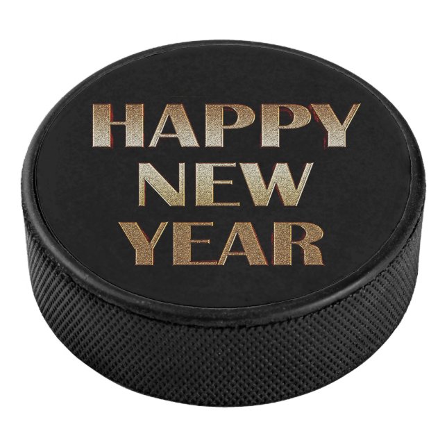 Happy New Year Gold Metallic Text Image Hockey Puck (3/4)