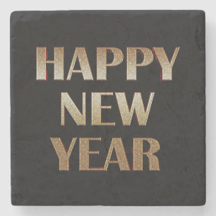 Happy New Year Gold Metallic Text Image Stone Coaster