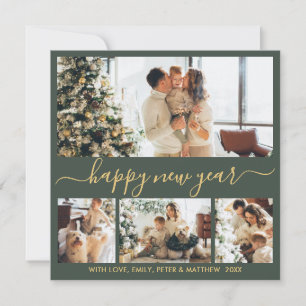 Happy New Year Gold Script 4 Photo Collage Green Holiday Card