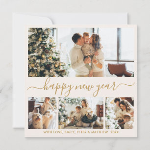 Happy New Year Gold Script 4 Photo Collage Neutral Holiday Card
