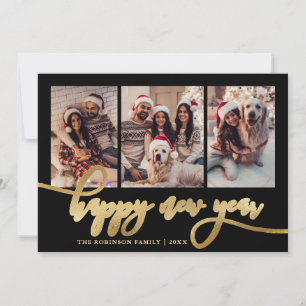 Happy New Year Gold Script Black 3 Photo Collage Holiday Card