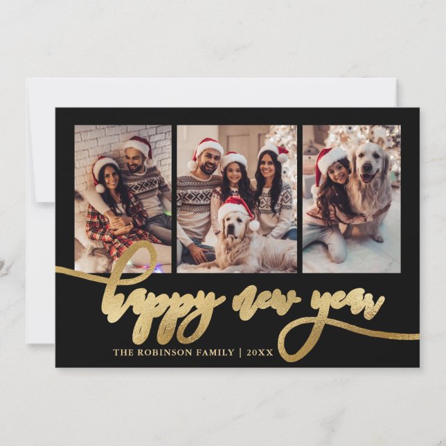 Happy New Year Gold Script Black 3 Photo Collage  Holiday Card (Front)