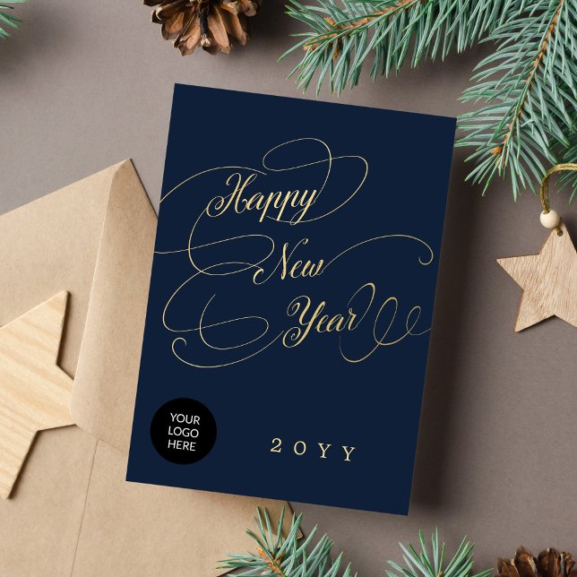 Happy New Year gold script business corporate logo Holiday Card (Creator Uploaded)