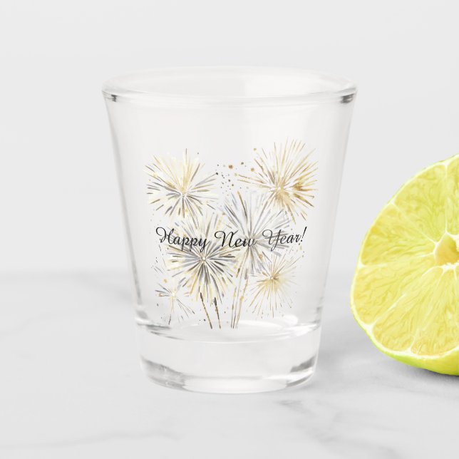 Happy New Year Gold Silver Fireworks Shot Glass (Front)