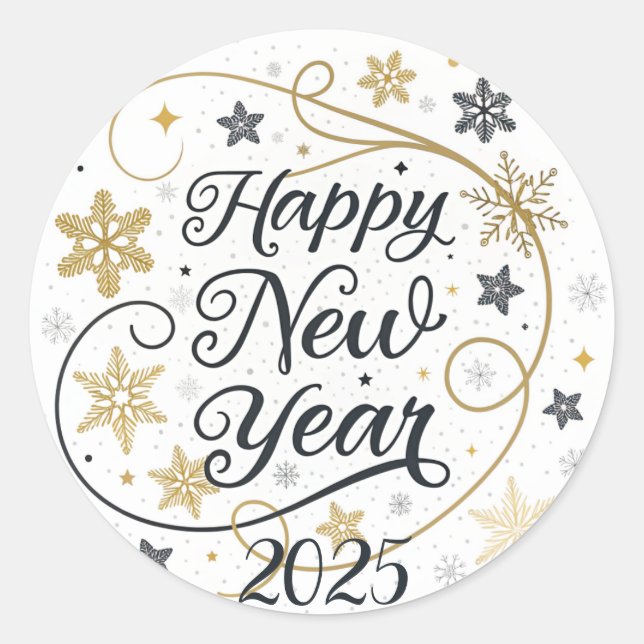 Happy New Year Gold Snowflake Classic Round Sticker (Front)