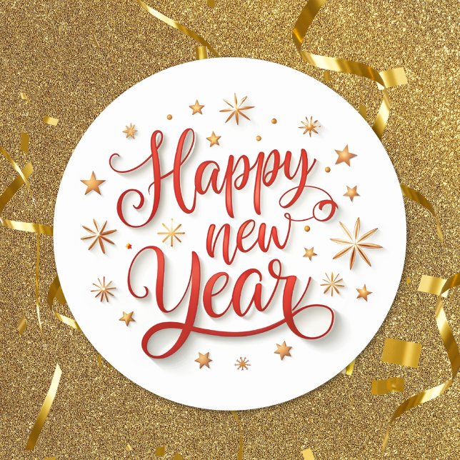 Happy New Year Gold Sparkle Script Classic Round Sticker (Creator Uploaded)
