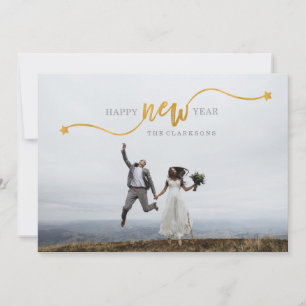 Happy New Year Gold Star Script Photo Card