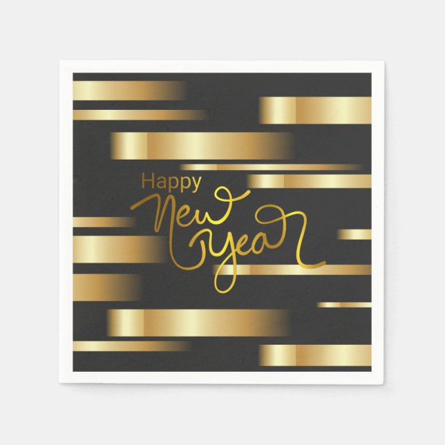 Happy New Year Gold Striped Paper Napkin (Front)