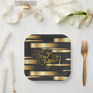 Happy New Year Gold Striped Paper Napkin Paper Plate