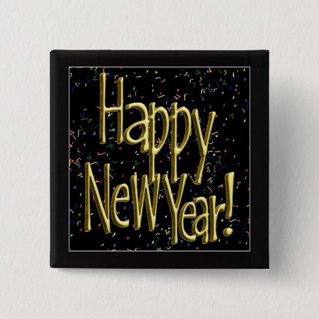 Happy New Year - Gold Text on Black Confetti 2 Inch Square Button (Front)