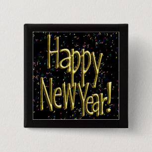 Happy New Year - Gold Text on Black Confetti 2 Inch Square Button