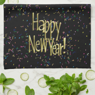 Happy New Year - Gold Text on Black Confetti Kitchen Towel