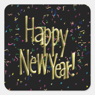 Happy New Year - Gold Text on Black Confetti Square Sticker