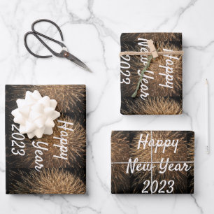 Happy New Year Golden Firework Pattern 2023 Custom Wrapping Paper Sheet