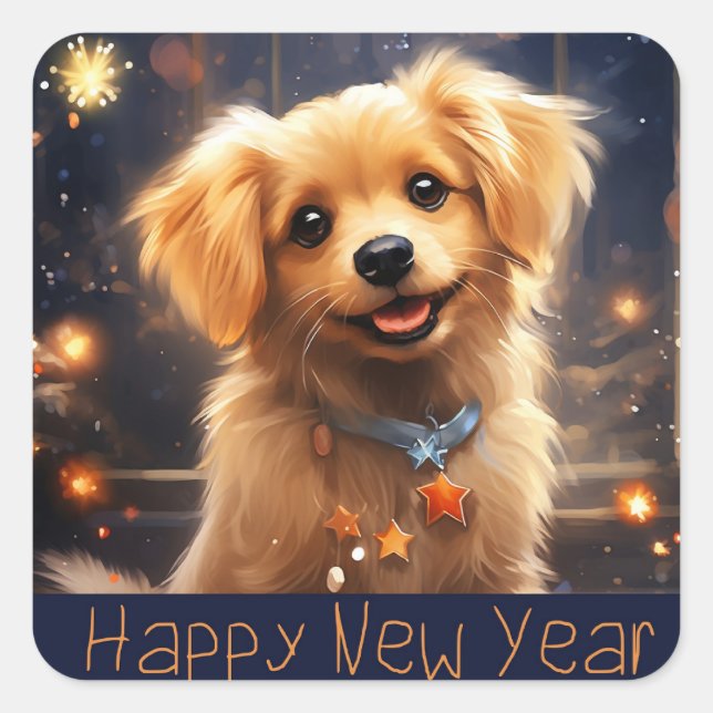 Happy New Year  Golden Puppy Square Sticker (Front)