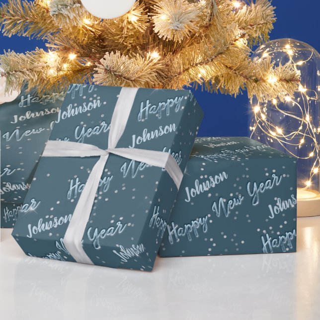 Happy New Year Golden Script Blue Celesty Grey Wrapping Paper (Holidays)