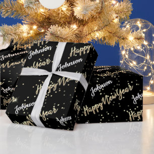 Happy New Year Golden Script Custom Name Black Wrapping Paper