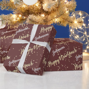Happy New Year Golden Script Custom Name Brown Wrapping Paper