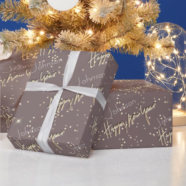 Happy New Year Golden Script Custom Name Brown Wrapping Paper (Holidays)