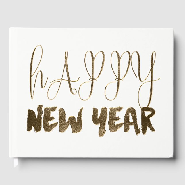 Happy New Year Golden Text Gold Typography Guest Book (Front)
