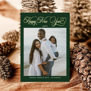 Happy New Year Green Family 4 Photo Collage Foil Holiday Card